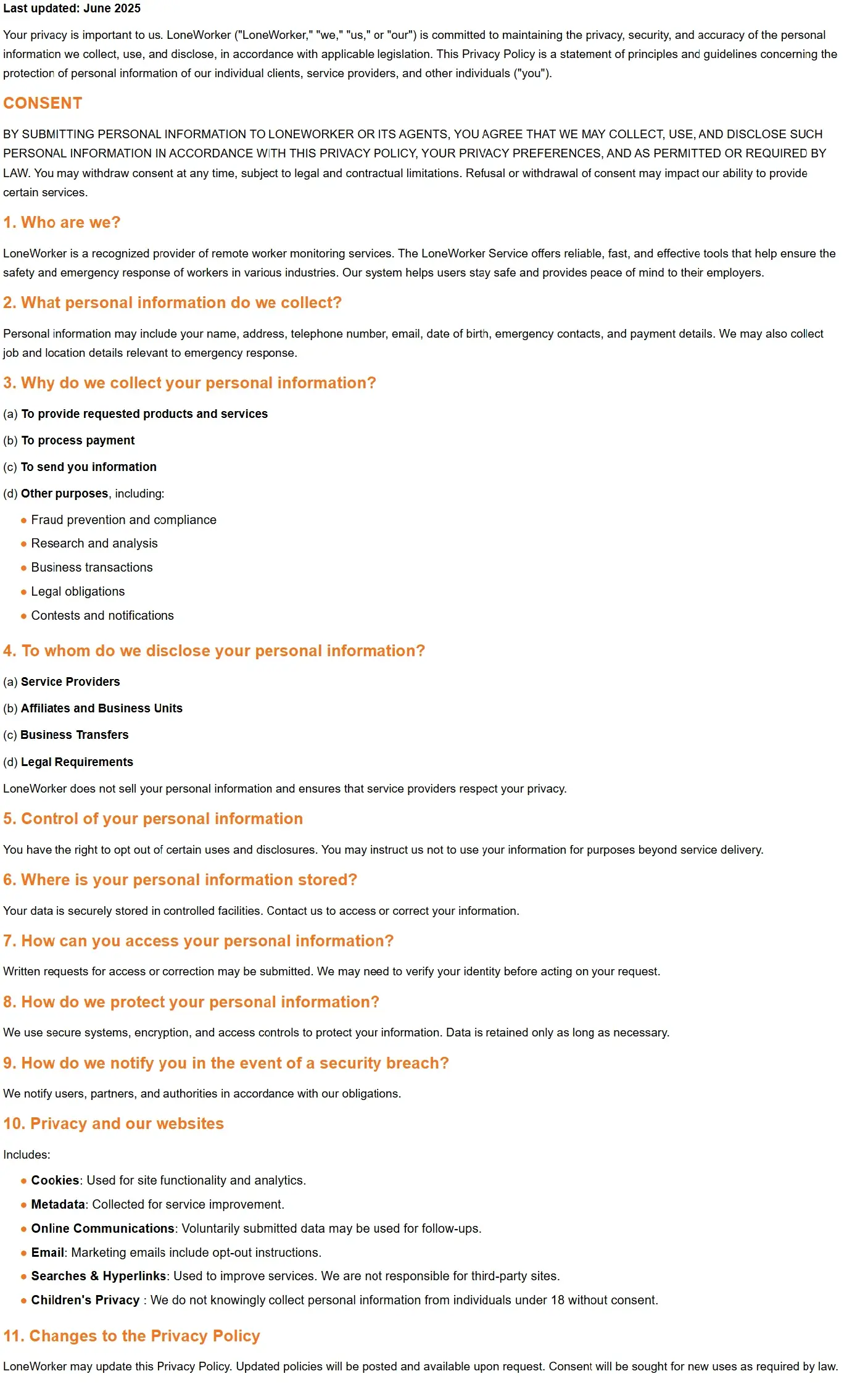 Lone Worker Privacy Policy Desktop View